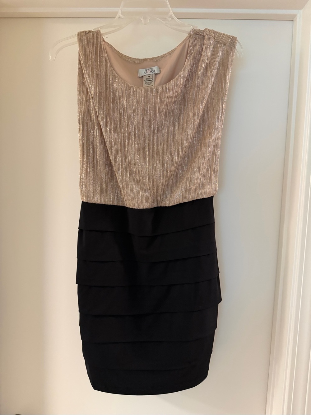 Sweet Storm Metallic Blush and Black Tiered Mini Dress